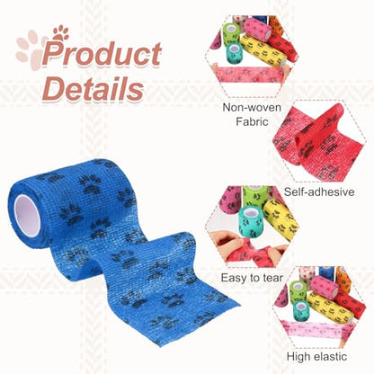 Pet Wrap Bandages, 3 Inch 5 Yard Self Adhesive Bandage Wrap, Pet Non-Woven Tape First Aid Cohesive Gauze, (Blue/Paw, 2 Pcs), Intended for Dog/Cat/Bird/Legs/Paws/Wound - color: Blue, size: 3 inch