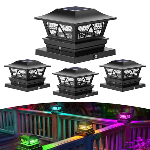 Solar Post Lights Outdoor Waterproof RGB Color Changing Modes Fence Post Cap Lights, Deck Post Lights Solar Powered for 4x4 5x5 6x6 Wooden or Vinyl Yard Garden Patio Decor, Black(4 Pack) - size: 4 Pack, for 4x4, 5x5, 6x6 Wooden or Vinyl