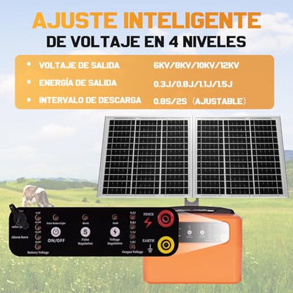 30 Miles/48km Solar Electric Fence Charger,15W Solar Powered Fencer with Adjustable 6KV to 12KV Output (0.3J-1.5J),Battery Level LCD Display,All-Weather Kit for Livestock,Deer,Farm,Yard