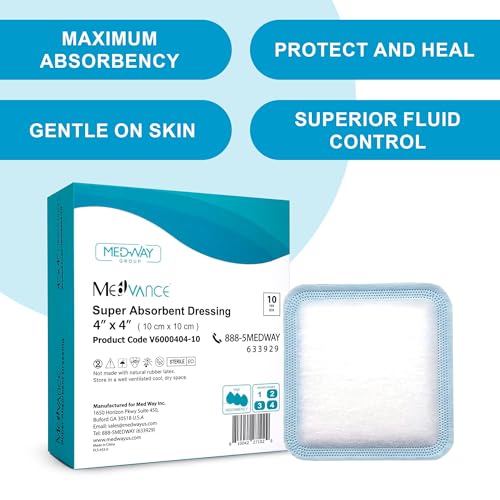 MedVance Super Absorbent Wound Dressing, Non-Adhesive Pads, 4"x4" Box of 10 | Sterile And Individually Wrapped - Non-Stick Wound Bandages - Super Soft - Highly Absorbent & Lock Exudate - Leakproof - size: 4"x4", style: 10 Pack