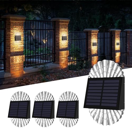 Deck Post ights, 4 Pack Fence Solar Lights, Solar Fence Lights Outdoor Waterproof Led for Garden, Yard, Outdoor, Patio Decor, Warm White