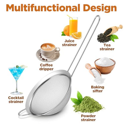 9 Packs 8.8 x 3.9 Inches Stainless Steel Fine Mesh Strainer Small Cocktail & Tea Strainer with Handle for Coffee, Juice, Powdered Sugar