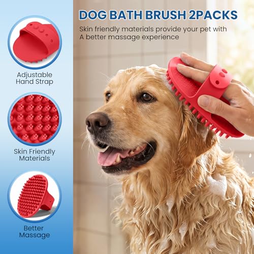 Dog Brush for Shedding, Metal Comb and Dog Bath Brush - color: Red