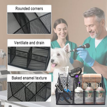 Universal Pet Grooming Supplies Organizer, Dog Storage Organizer for Grooming Supplies, 6-Compartment Mesh wire Dog Stuff Storage Organizer for Dogs Cat Grooming Blanket,Shampoo,Trimmer,Clipper,Brush