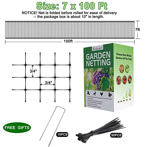 Feitore Deer Fence Netting, 7x100ft Garden Net Bird Netting,Reinforced Edge | Anti-UV Garden Fencing Kit for Plants Fruit Tree Vegetable Protection from Animals, 3/4" Fine Mesh, 10 Stakes & 50 Zip Ties