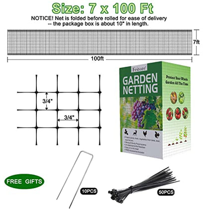 Feitore Deer Fence Netting, 7x100ft Garden Net Bird Netting,Reinforced Edge | Anti-UV Garden Fencing Kit for Plants Fruit Tree Vegetable Protection from Animals, 3/4" Fine Mesh, 10 Stakes & 50 Zip Ties