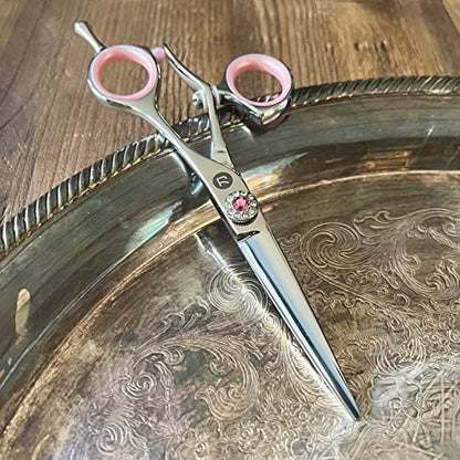 Saki Shears Sakura 5.5" Swivel Hair Cutting Scissors Set - Pink Cutting and Thinning Shears with Rotating Thumb - 440C Japanese Steel - color: Steel, size: Set of Swivel Shears