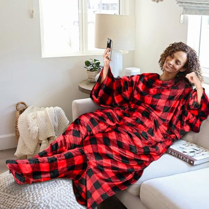 Catalonia Wearable Blanket with Sleeves & Foot Pocket for Adults - color: Red Checker, size: Fleece