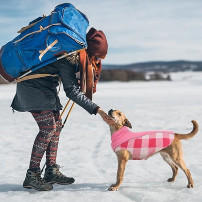 Kuoser Dog Winter Coat, Reversible Waterproof Dog Jacket with Reflective Strip, Warm Dogs Fleece Vest Adjustable Doggy Cold Weather Clothes Plaid Christmas Outfit Pet Apparel for Large Dogs, Pink L - color: Pink, size: Large (Chest Girth: 20.9-24.4'' )