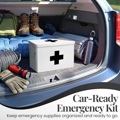 Flexzion Large Metal First Aid Box Empty, 13-Inch, White with Black Cross - color: White - Black Cross, size: 13 Inch without Latch Lock