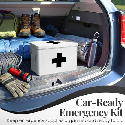 Flexzion Large Metal First Aid Box Empty, 13-Inch, White with Black Cross - color: White - Black Cross, size: 13 Inch without Latch Lock