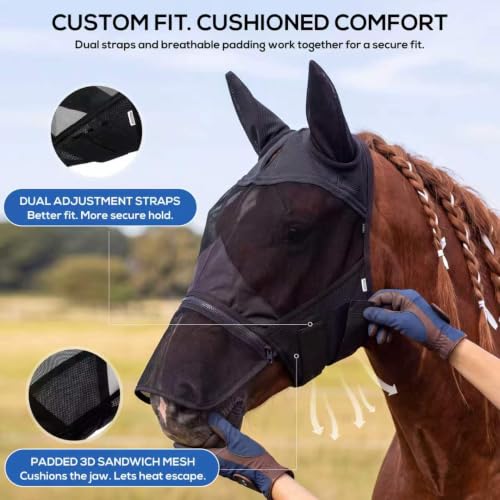 Horse Fly Mask with Ears & Detachable Nose Cover, Large - size: Large