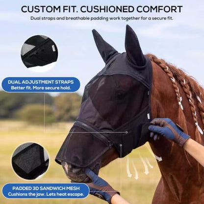 Horse Fly Mask with Ears & Detachable Nose Cover, Large - size: Large