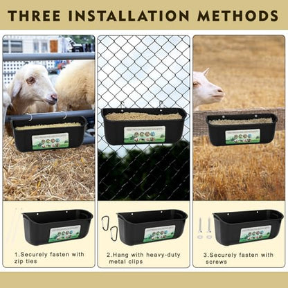 6 Pack Fence Feed Feeder 4.5 Quart Hanging Chicken Feeder Trough with Brush & Scoop Black Goat Hanging Fence Feeders Feeder with Hooks Screws & Zip Tie for Livestock Feeding Container Goats Supplies - color: Black, size: 6 Pack