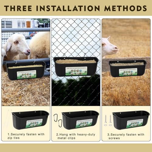10 Pack Fence Feed Feeder 4.5 Quart Hanging Chicken Feeder Trough with Brush & Scoop Black Goat Hanging Fence Feeders Feeder with Hooks Screws & Zip Tie for Livestock Feeding Container Goats Supplies - color: Black, size: 10 Pack