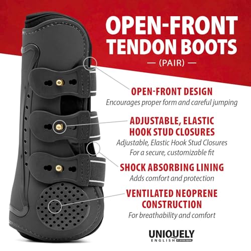 Jeffers Uniquely English Open Front Tendon for Horses, Pair, Medium - Ventilated Neoprene Horse Leg Protection for Tendons & High Impact Support, Jumping & Competition Riding Equine Boots - Black