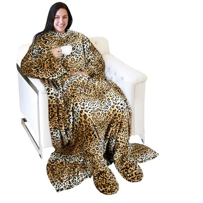 Catalonia Wearable Blanket with Sleeves & Foot Pocket for Adults - color: Cheetah, size: Fleece