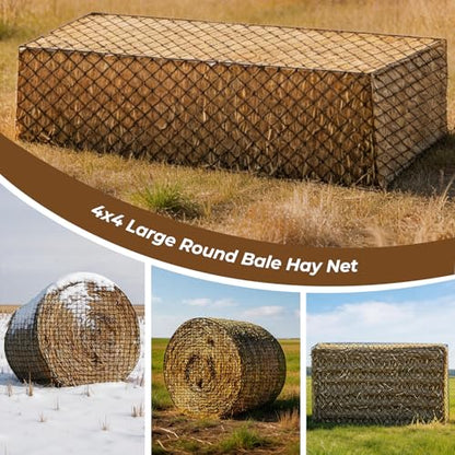 Round Bale Hay Net, 4x4 FT Heavy Duty Hay Net Slow Feeder for Horses Cattle Goats Sheep, Round Bale Polyester Pasture Stable 1.7" Hloes Design Hay Saver Durable