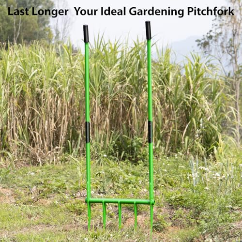 56'' Heavy Duty Broadfork for All the Soils, Detachable Pitchfork, 5 Sharp Cambered 11'' Tines Bord Fork Garden Tool, Ergonomic Handles, Good Package, Easy Assembly, Cultivator & Tiller, Green.