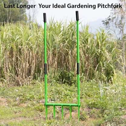 56'' Heavy Duty Broadfork for All the Soils, Detachable Pitchfork, 5 Sharp Cambered 11'' Tines Bord Fork Garden Tool, Ergonomic Handles, Good Package, Easy Assembly, Cultivator & Tiller, Green.