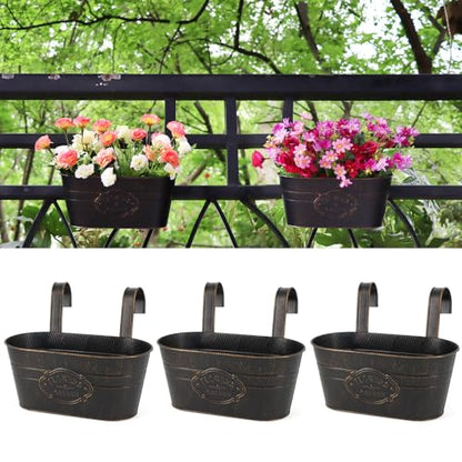 3 Pack Metal Railing Planters, 10.5" Oval Hanging Flower Pots with Detachable Hooks & Drainage Holes, Fits Rails up to 2.36", Galvanized Iron Fence Bucket for Balcony Garden Patio - Letter Black - color: Letter Black, size: 3 Pack, 10.5"L x 5.7"W x 4.7"H