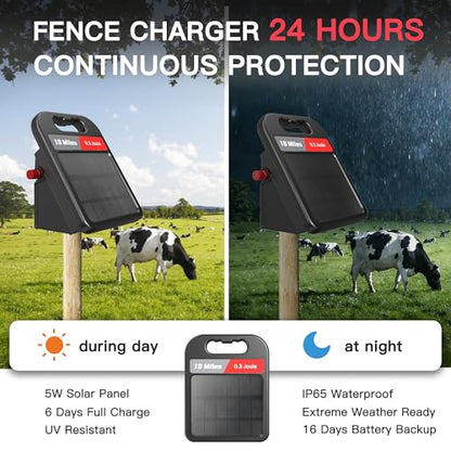Solar Electric Fence Charger-0.3J-10 Miles, Maximum Output Voltage 10200V- Provide 24-Hour Uninterrupted Protection for Livestock and Yards with Rechargeable Solar Panel Black