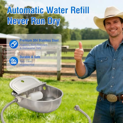 2-Pack Automatic Livestock Waterer, 304 Stainless Steel Auto Fill with Float Valve, Drainage Hole & Baffle, with 39" Hose (3/4"), Wall/Floor Mount, for Dogs, Chickens, Horses, Goats, Pigs