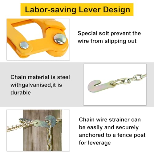 47.25" Chain Link Fence Strainer, Heavy Duty Barbed Wire Tensioner | Chain Strainer Wire Tensioner Labor-Saving Lever Design Capacity 2200lbs for Farm - color: Yellow