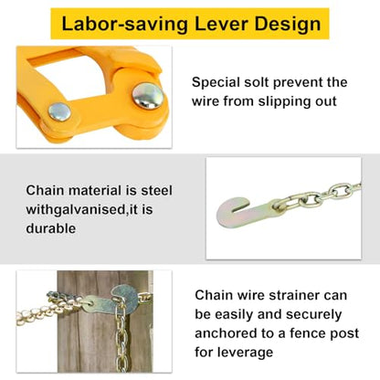 47.25" Chain Link Fence Strainer, Heavy Duty Barbed Wire Tensioner | Chain Strainer Wire Tensioner Labor-Saving Lever Design Capacity 2200lbs for Farm - color: Yellow