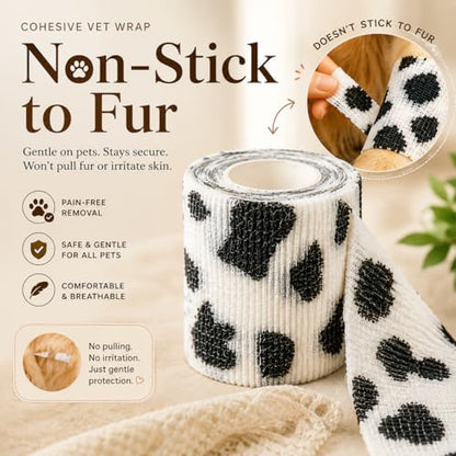 Premium Pet Vet Wrap — Non-Stick to Fur Self Adherent Bandage Wrap for Dogs, Cats & Horses, Breathable Cohesive Tape for Wounds, Paws & Legs, Animal Print Design - Pack of 2 - color: Cow Print