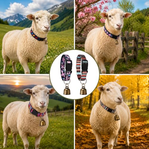 4 Pack Goat Collars with Bells, Sheep Grazing Copper Bells and Adjustable Nylon Collar Set Loud Bronze Bell Small Farm Animal Sheep Cow Accessories (Retro Pattern) - style: Retro Pattern