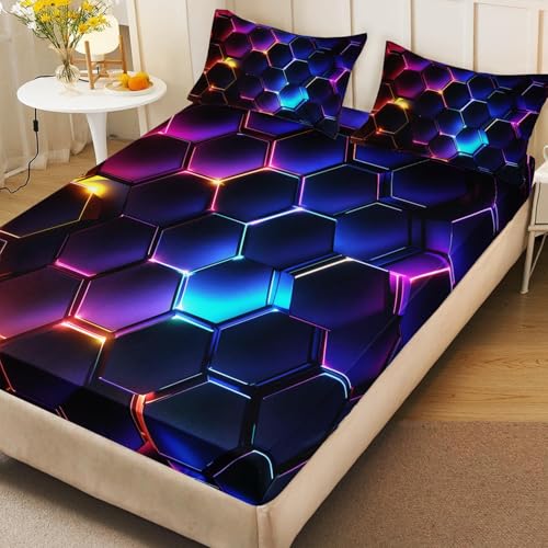 HOSIMA Geometric Hexagon Bedding Sets Full,1 Fitted Sheet+2 Pillowcases. - color: Colorful, size: Full 55"*75"