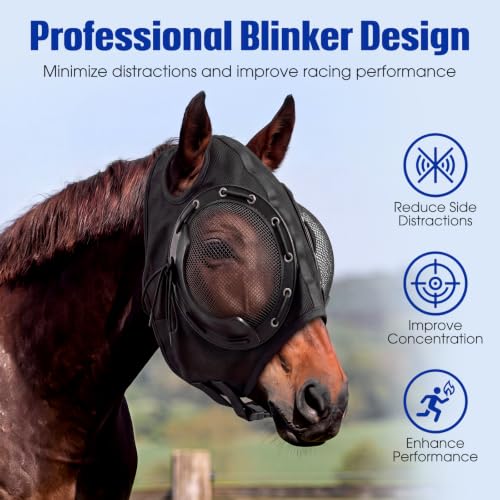 Adjustable Horse Fly Mask with Detachable Blinker, 60% UV Protection - color: Black