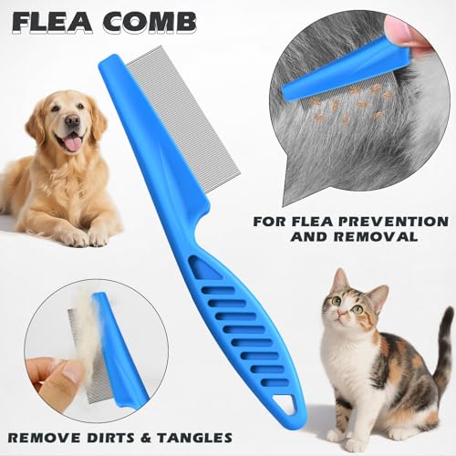3PCS Pet Grooming Rake & Metal Comb & Flea Comb for Cats and Dogs, Double-Sided Dematting Tool, Extra-Wide Deshedding Dog Brush for Long Hair to Effectively Remove Tangles, Knots and Mats (Blue) - color: A-Blue
