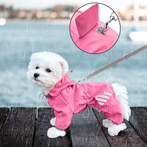 Dog Raincoat, Waterproof Dog Rain Jacket with Hood, Rain Coat with Leash Hole, Reflective Strap for Small Medium Dogs, Lightweight Puppy Clothes(Pink,L) - color: Pink, size: L(Back Length15'')