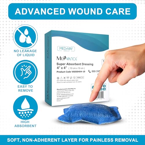 MedVance Super Absorbent Wound Dressing, Non-Adhesive Pads, 4"x4" Box of 10 | Sterile And Individually Wrapped - Non-Stick Wound Bandages - Super Soft - Highly Absorbent & Lock Exudate - Leakproof - size: 4"x4", style: 10 Pack