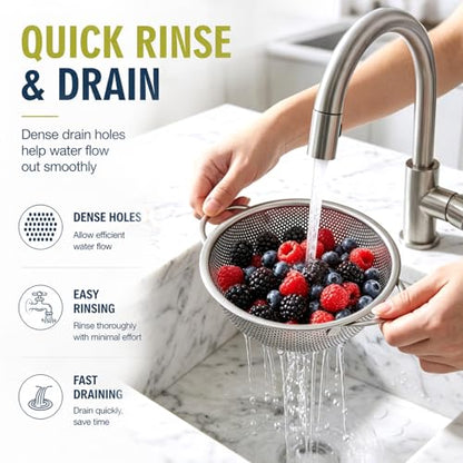 Palksky Small Colander Set of 2, 800 mL / 0.85 Qt Stainless Steel Mini Colanders with Riveted Handles, Footed Base & Micro-Perforations, Berry Wash Bowl for Berries, Fruits, Vegetables & Pasta - color: Small Colander 2 PCS