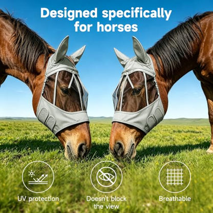 2 Pack Horse Fly Masks with Ears, Mesh Smooth Comfortable Elasticity UV Protection Adjustable Breathability Horses Masks Riding Supplies Grey & Blue L