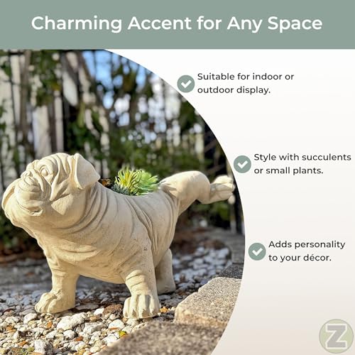 Zeckos Bulldog Animal Planter, 18 Inch Wide White Antique Stone Finish | Magnesium Oxide, Freestanding Display, Drain Hole, 7.5 X 4.25 Inch Opening, 10 Inch Deep - color: Bulldog - White