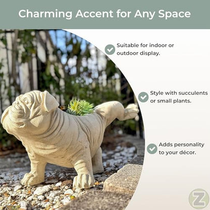 Zeckos Bulldog Animal Planter, 18 Inch Wide White Antique Stone Finish | Magnesium Oxide, Freestanding Display, Drain Hole, 7.5 X 4.25 Inch Opening, 10 Inch Deep - color: Bulldog - White
