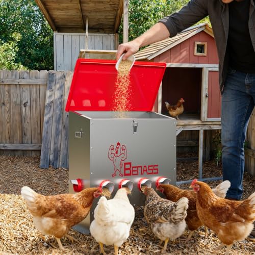 Metal Chicken Feeder, 150 LBs, 10 Ports | Automatic, No-Wase, Predator Proof Latch, Weatherproof, Anti-Tip Stakes, with Vegetable Hanging Feeder - size: 150 LB-10 Ports