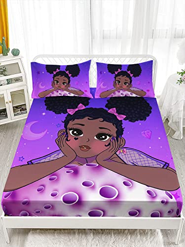 HOSIMA Black Girl Magic Twin Bedding Sets,1 Fitted Sheet+2 Pillowcases. - color: Purple-a, size: Twin 39"*75"