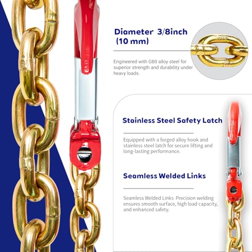 G80 Lifting Chain Sling - 6600Lb Capacity, 6FT Length, 3/8" Chain Diameter, Automatic Welded, Heat Treated, High Strength Alloy Steel with Painted Hook & Safety Factor 6:1 - size: 3/8 in x 6 ft