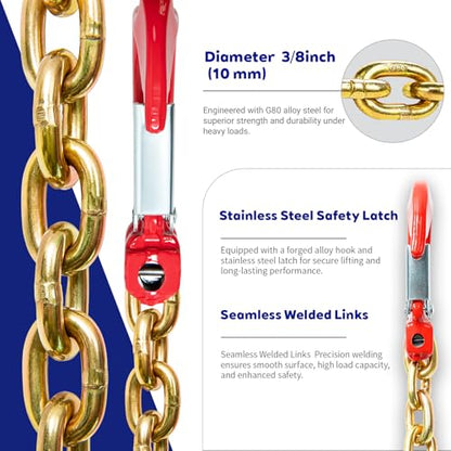 G80 Lifting Chain Sling - 6600Lb Capacity, 6FT Length, 3/8" Chain Diameter, Automatic Welded, Heat Treated, High Strength Alloy Steel with Painted Hook & Safety Factor 6:1 - size: 3/8 in x 6 ft
