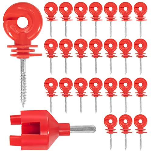 25 Pcs Upgrade Red Electric Fence Insulator Fence Ring Post Self-Tapping Insulator Labor-Saving Wood Post Insulator and 1 Pc Insulator Socket Tool Fit for Electric Drill (Red)
