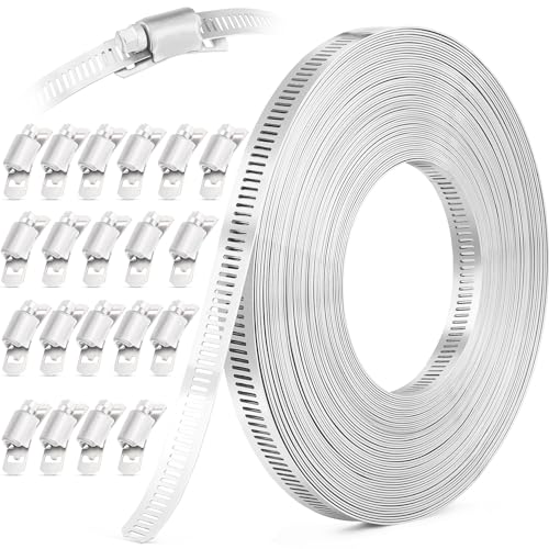 OURU 50FT Hose Clamps,304 Stainless Steel Hose Clamp Assortment Kit DIY Metal Strapping with Holes+20 Fasteners,Adjustable Worm Gear Large Hose Clamps Metal Band Screw Clamp Straps for Pipe,Duct,Tube - size: 50FT Metal Strapping+20 Fasteners
