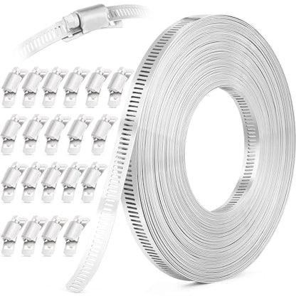 OURU 50FT Hose Clamps,304 Stainless Steel Hose Clamp Assortment Kit DIY Metal Strapping with Holes+20 Fasteners,Adjustable Worm Gear Large Hose Clamps Metal Band Screw Clamp Straps for Pipe,Duct,Tube - size: 50FT Metal Strapping+20 Fasteners