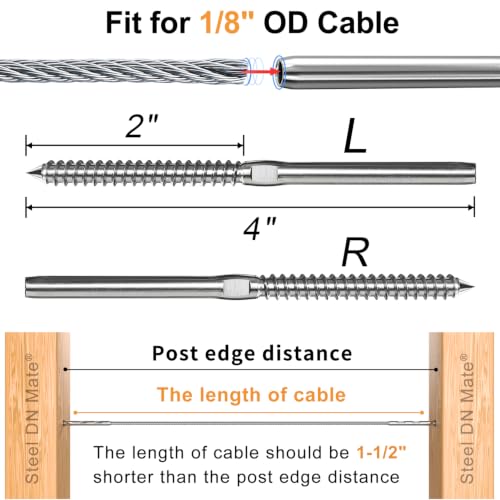 Cable Railing Hardware 1/8" T316 Swage Lag Screws for Wood Post 100Pack | Marine Grade T316 Stainless Steel, Right & Left Hand Thread for Stair/Deck Cable Railing Kits with Wrench, Steel DN Mate DM50 - color: Silver