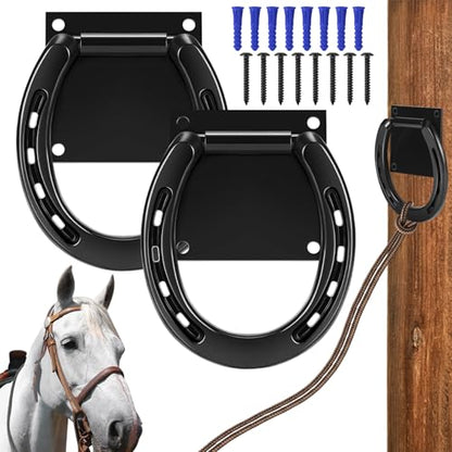 Zhengmy 4 Set Tie Ring for Horses, Heavy-Duty Solid Steel, with Expansion Screws, 3 x 3 Inch, Horseshoe Cross Ties Down, Tack Barn Stable Supplies for Horse, Black