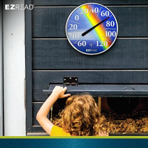 EZREAD Hanging Dial Thermometer 840-1220 Weather Thermometers for Indoor and Outdoor Use, Large 12.5 Inch Diameter, Easy to Read Numbers, Rainbow, Blue/Red/Yellow - color: Rainbow